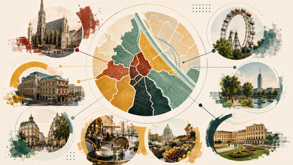 Wo in Wien wohnen als Tourist? Die 7 besten Bezirke im Vergleich – mit Sehenswürdigkeiten, Anbindung, Preisen & Tipps für jeden Reisetyp.