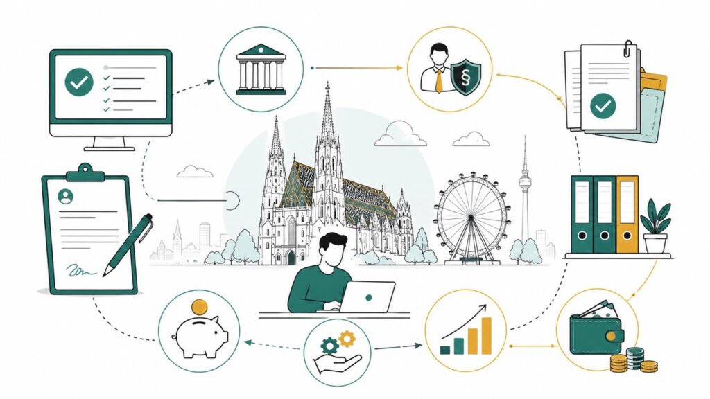 Gewerbeanmeldung Wien 2026: Kosten, Ablauf und Behördengänge im großen Guide – freies vs. reglementiertes Gewerbe, MA 63, SVS-Beiträge, Kleinunternehmerregelung und alle Schritte für EPU und Gründer in Wien.