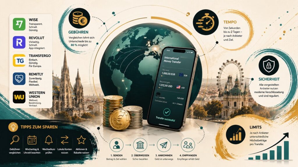 Die besten Geldtransfer-Apps in Österreich 2026 im Wien-Vergleich: Wise, Revolut, TransferGo, Remitly & Western Union im Check zu Gebühren, Tempo, Limits und Sicherheit – plus Tipps, wie Sie bei Auslandsüberweisungen sparen.