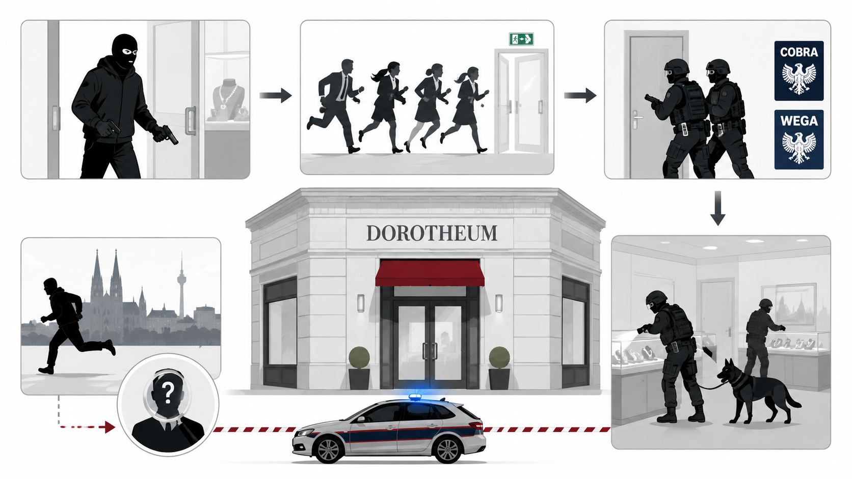 Großeinsatz in Währing am 6. August 2026: Nach einem Überfallsalarm in der Dorotheum-Filiale suchten Cobra und WEGA einen maskierten, vermutlich bewaffneten Täter. Die Fahndung läuft weiter.