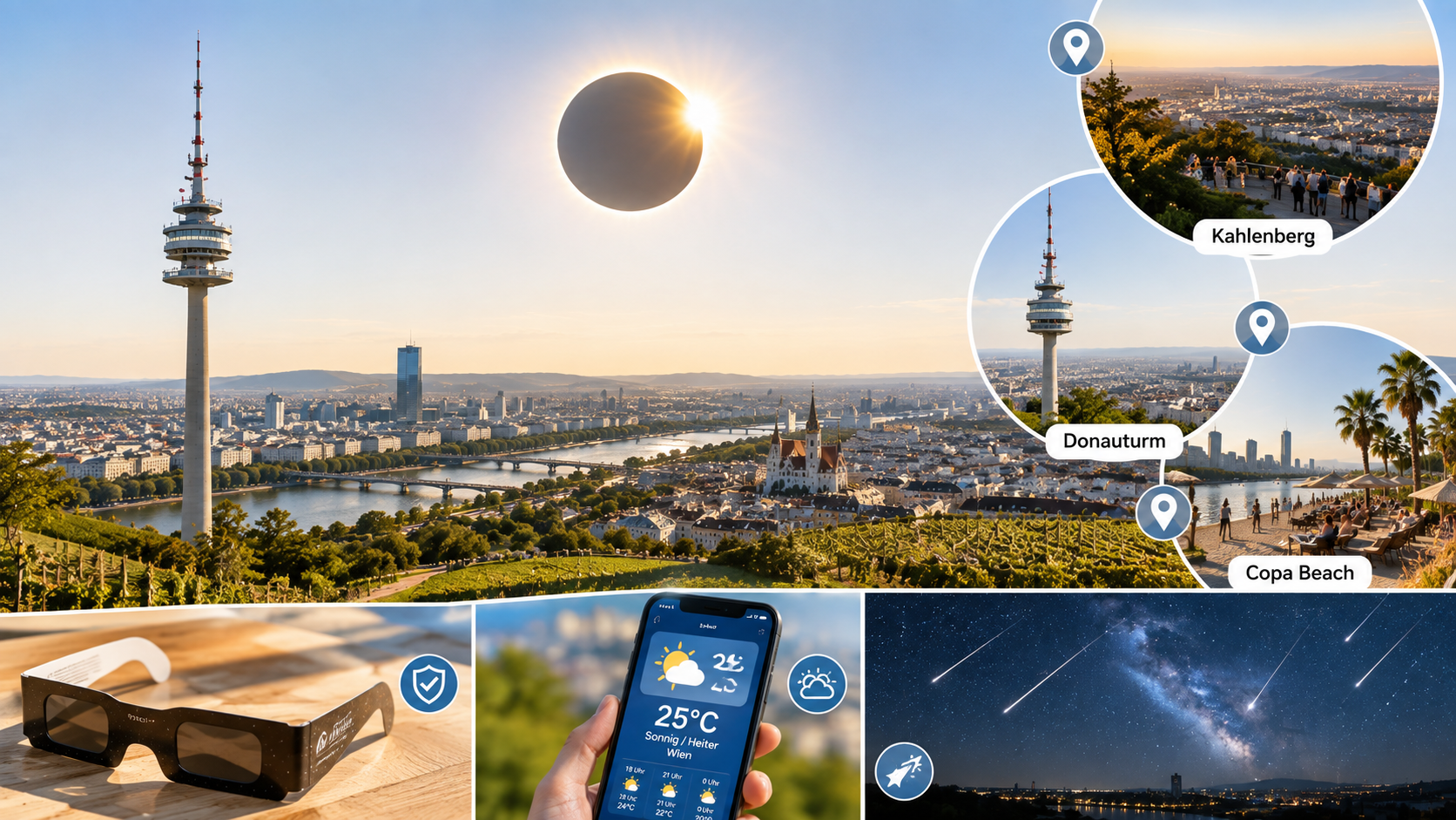 Sonnenfinsternis Wien am 12. August 2026: genaue Uhrzeiten, 89 Prozent Magnitude, beste freie Sicht nach Westen (Donauturm, Kahlenberg, Copa Beach), Schutzbrillen, Wettercheck und Perseiden in derselben Nacht.