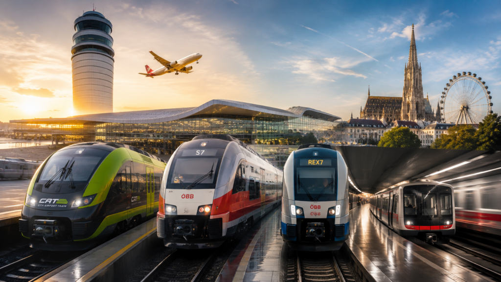 Flughafen Wien Zentrum: CAT, S7, REX7 und U-Bahn im Vergleich. Aktuelle Fahrzeiten, Preise, Umstiege und Sperren 2026/27 für die Fahrt vom Vienna Airport nach Wien Mitte und Hauptbahnhof. Stand 2026.