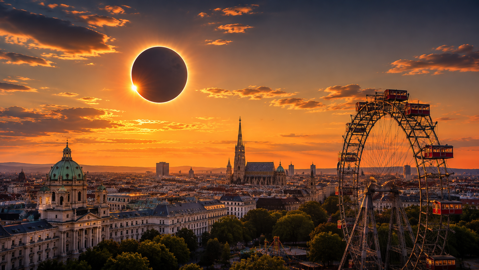 Sonnenfinsternis 2026 in Wien: Uhrzeit am 12. August, Bedeckung, beste Orte mit freiem Westblick, Sonnenfinsternis-Brille und sichere Beobachtung in Österreich.