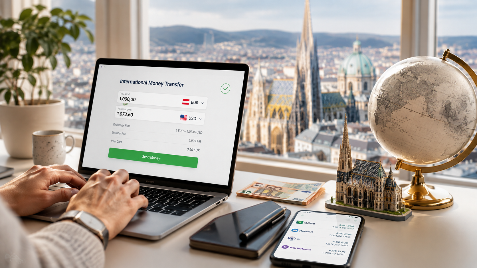 Geld aus Wien überweisen 2026: Anbieter, Gebühren und Wechselkurse im Vergleich. Wise, Revolut, Remitly und österreichische Banken – konkrete Kosten pro 1.000 Euro, SEPA-Regeln, Dauer und Spartipps für Auslandsüberweisungen aus Österreich im Überblick.