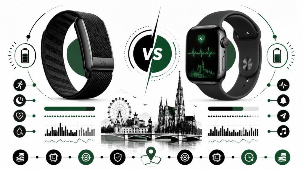 WHOOP 5.0 gegen Apple Watch Series 11: Das bildschirmlose Armband setzt auf 14 Tage Akku und Abo ab 199 Euro, Apple auf EKG, Display und ab 339 Euro. Preise, Sensoren, Genauigkeit und Datenschutz im Detail.