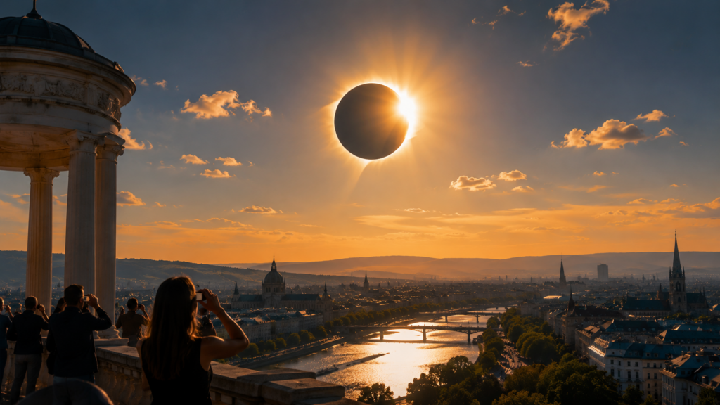 Sonnenfinsternis Wien am 12. August 2026: genaue Uhrzeiten, 89 Prozent Magnitude, beste freie Sicht nach Westen (Donauturm, Kahlenberg, Copa Beach), Schutzbrillen, Wettercheck und Perseiden in derselben Nacht.
