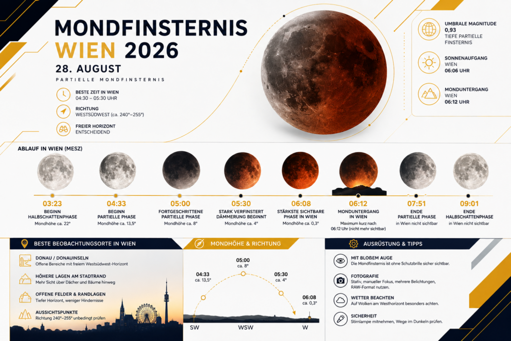 Blutmond Wien am 28. August 2026: Alle Zeiten der partiellen Mondfinsternis, beste Sicht in Wien und Österreich, Monduntergang, Wetter, Beobachtungsorte und Fototipps kompakt erklärt. Für Beobachter.