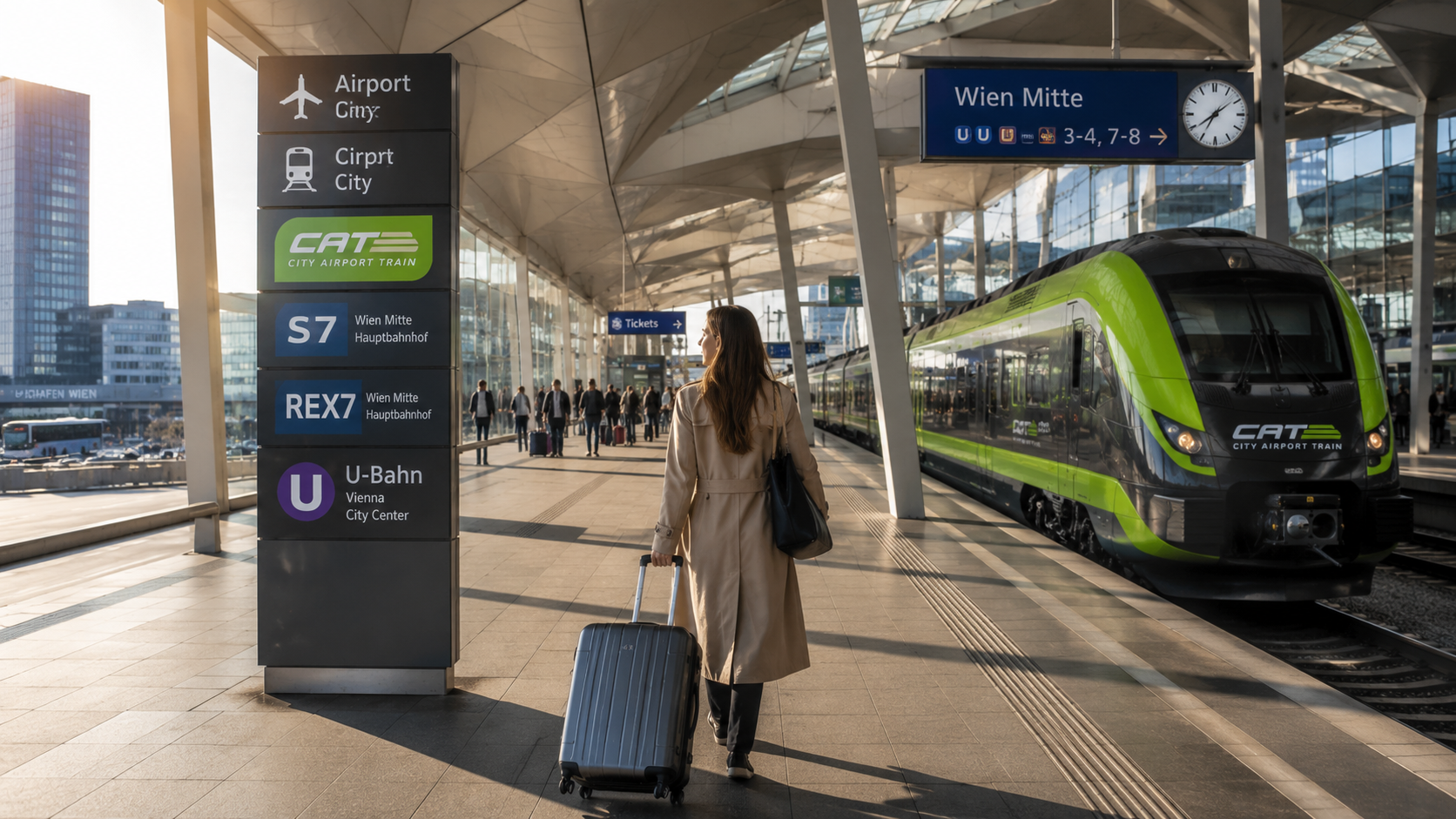 Flughafen Wien Zentrum: CAT, S7, REX7 und U-Bahn im Vergleich. Aktuelle Fahrzeiten, Preise, Umstiege und Sperren 2026/27 für die Fahrt vom Vienna Airport nach Wien Mitte und Hauptbahnhof. Stand 2026.