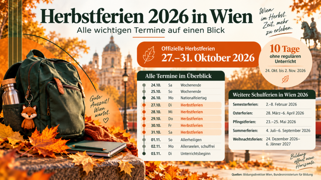 Herbstferien 2026 Wien: Offizielle Termine vom 27. bis 31. Oktober, Nationalfeiertag, Allerseelen, Schulstart am 3. November sowie Schulferien und Feiertage 2026/27 in Wien im Überblick für Familien.