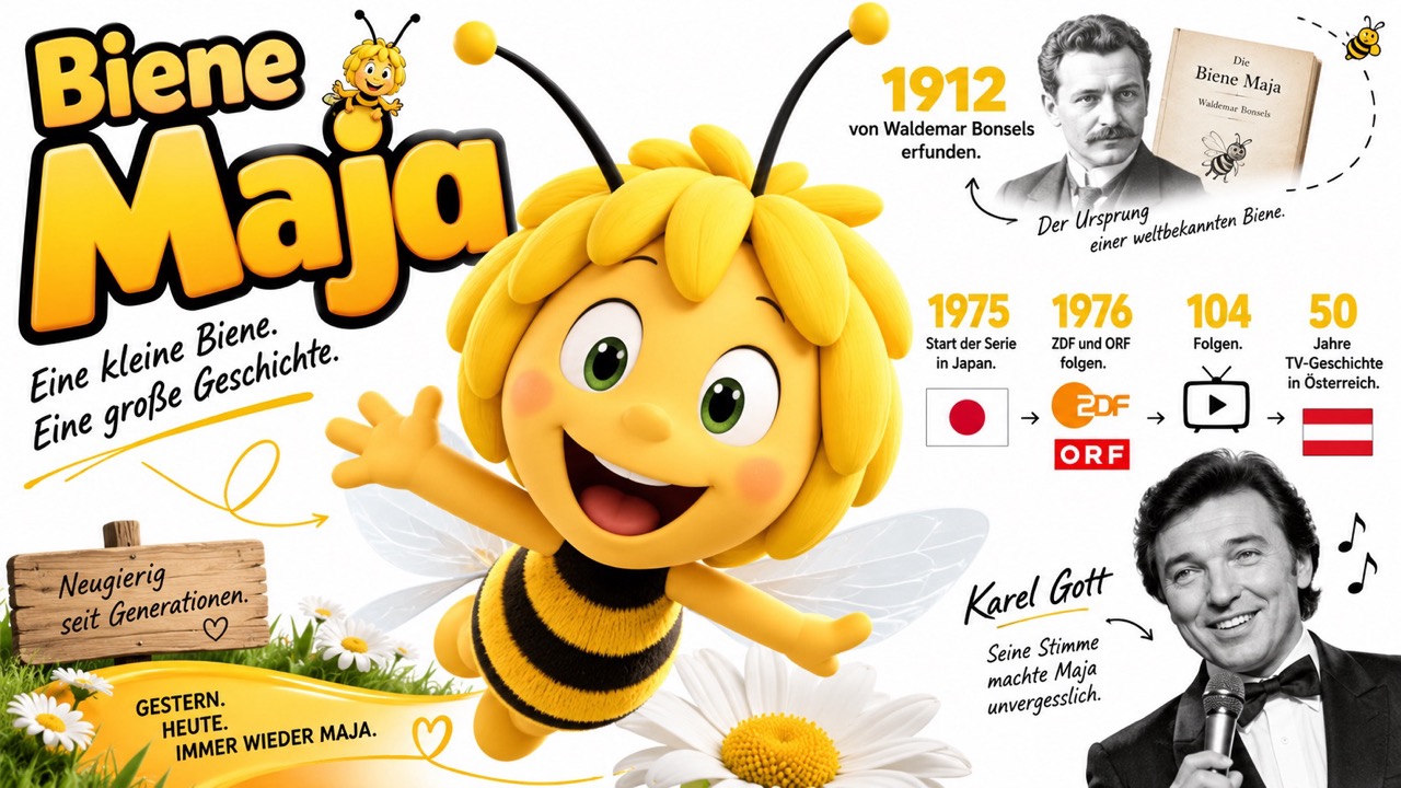 Biene Maja wurde 1912 von Waldemar Bonsels erfunden. 1975 startete die Serie in Japan, 1976 folgten ZDF und ORF. Fakten zum Ursprung, Karel Gott, 104 Folgen und 50 Jahren TV-Geschichte in Österreich.