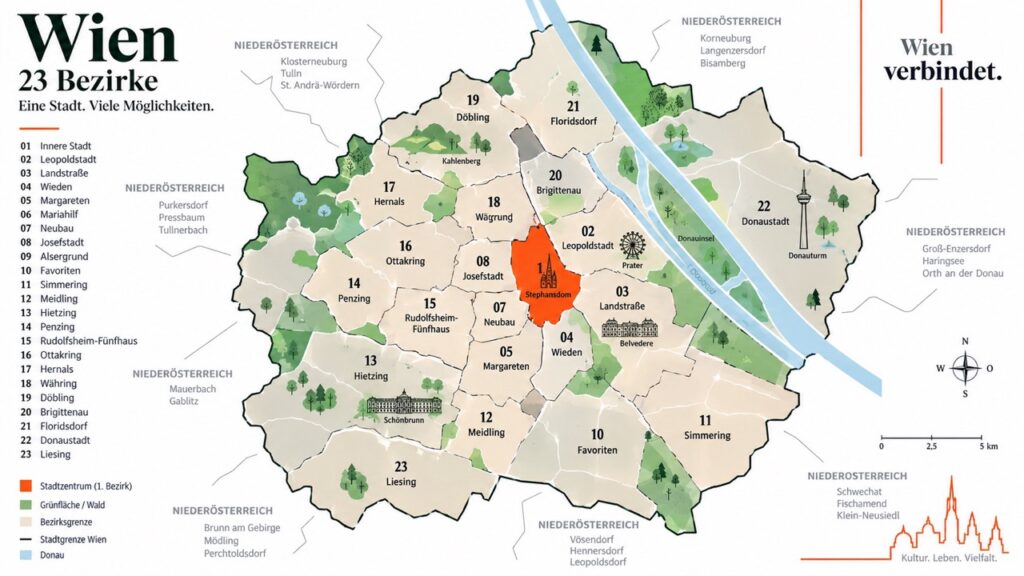 Wie viele Bezirke hat Wien? Alle 23 Wiener Bezirke mit Namen, Einwohnern, Lage, Karte und Besonderheiten im aktuellen Überblick.