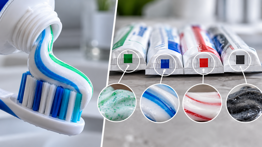 Zahnpasta Farben Bedeutung erklärt: Grüne, blaue, rote und schwarze Markierungen sind kein Inhaltsstoff-Code. Was die Streifen bedeuten, worauf es beim Kauf ankommt und wie Fluorid richtig bewertet wird.
